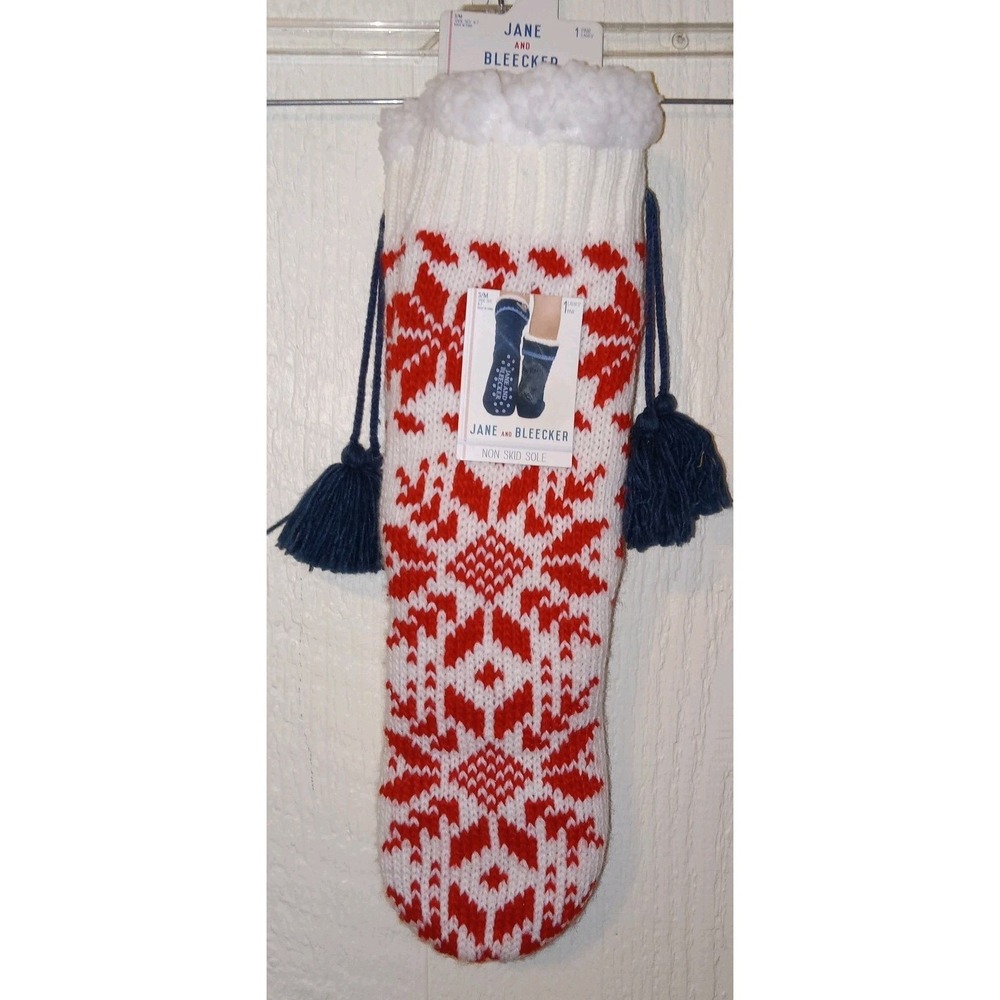 Jane and Bleecker Slipper Socks Women 7 White Red Fair Isle Sherpa Tassels